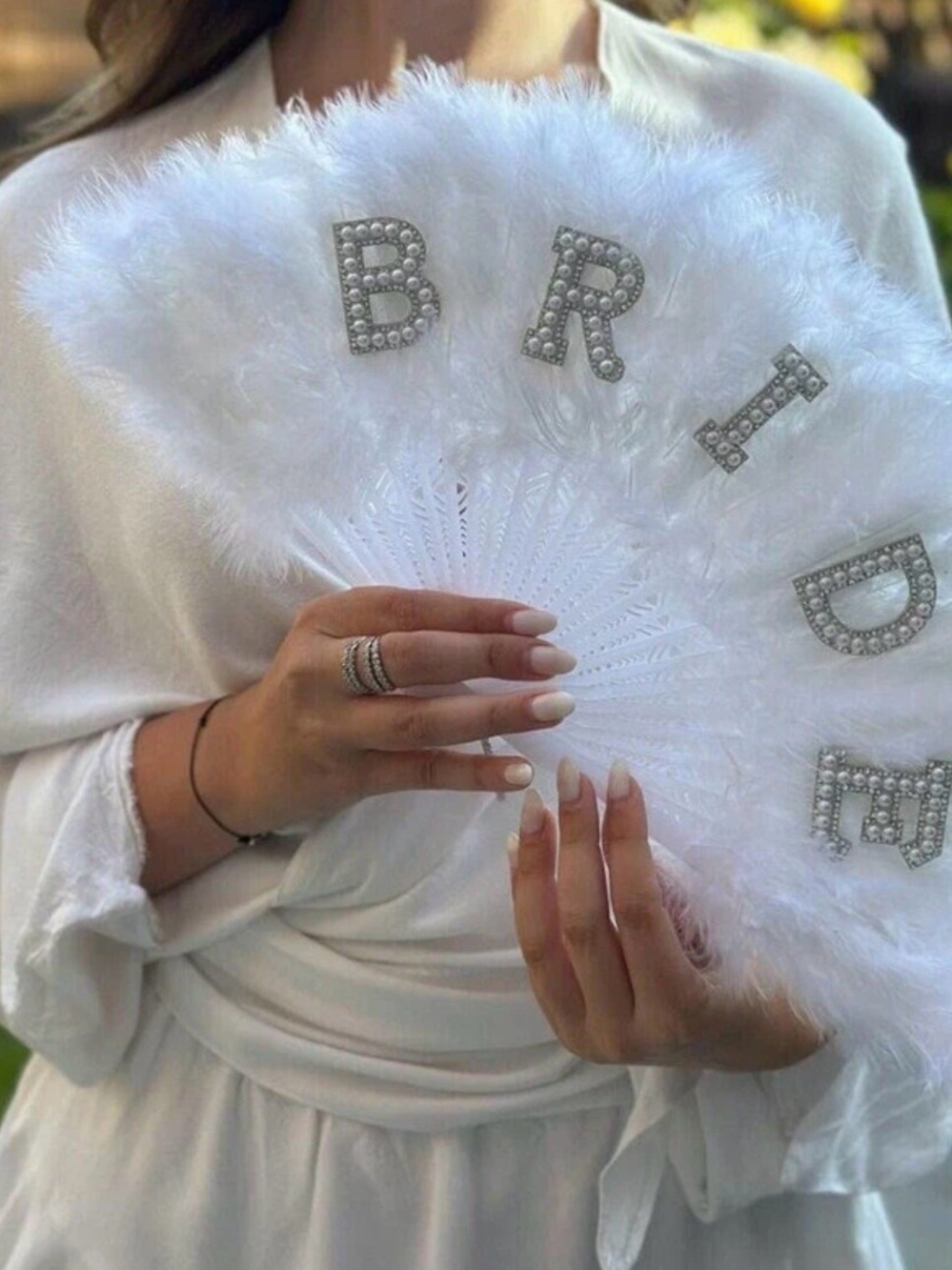 White Bride Feather Fan with Rhinestones